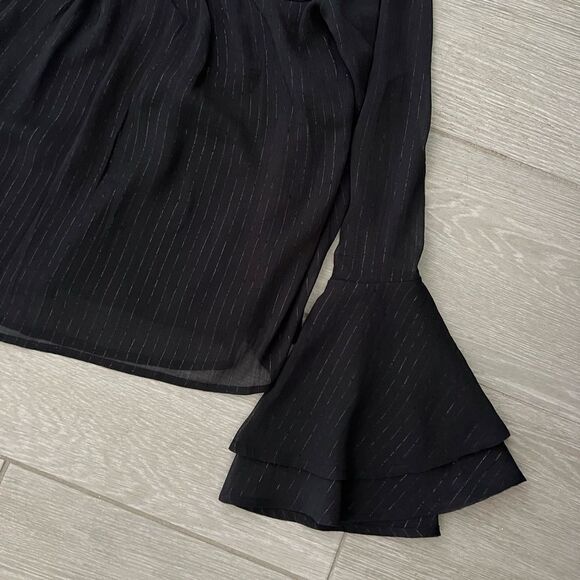 Hollister XS Black Metallic lurex stripes chiffon bell sleeve flowy top blouse - Picture 8 of 8